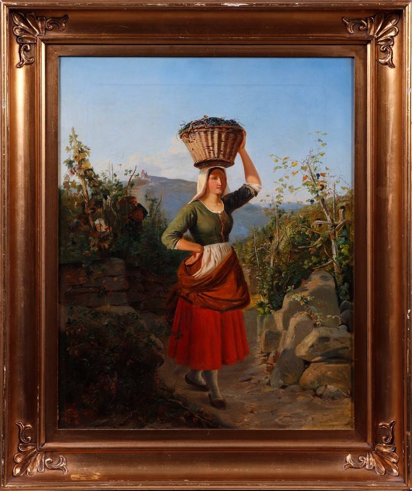 Woman harvesting, balancing a basket of dark grapes on her head, 1841