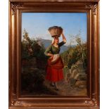 Frau bei der Weinlese, einen Korb dunkler Trauben auf dem Kopf balancierend, 1841