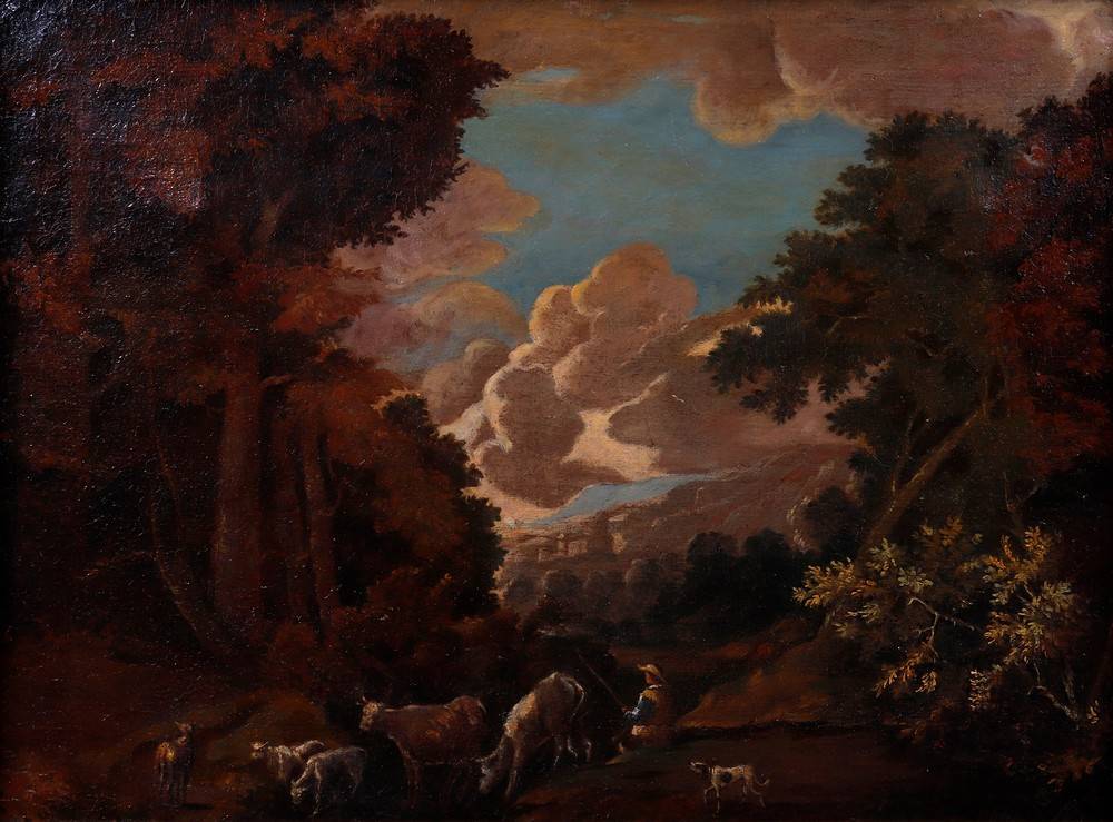 Idyllic landscape with cattle and anglers, mid-19th C. - Image 2 of 4