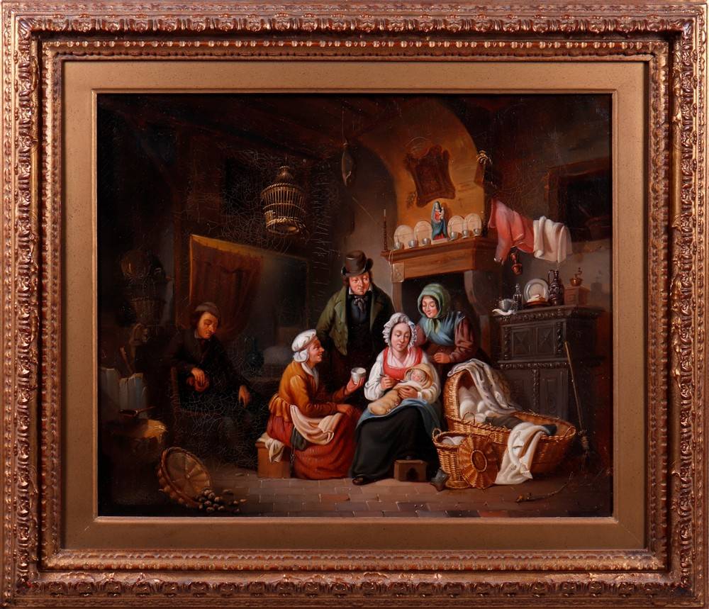 Genre scene with family grouped around an infant