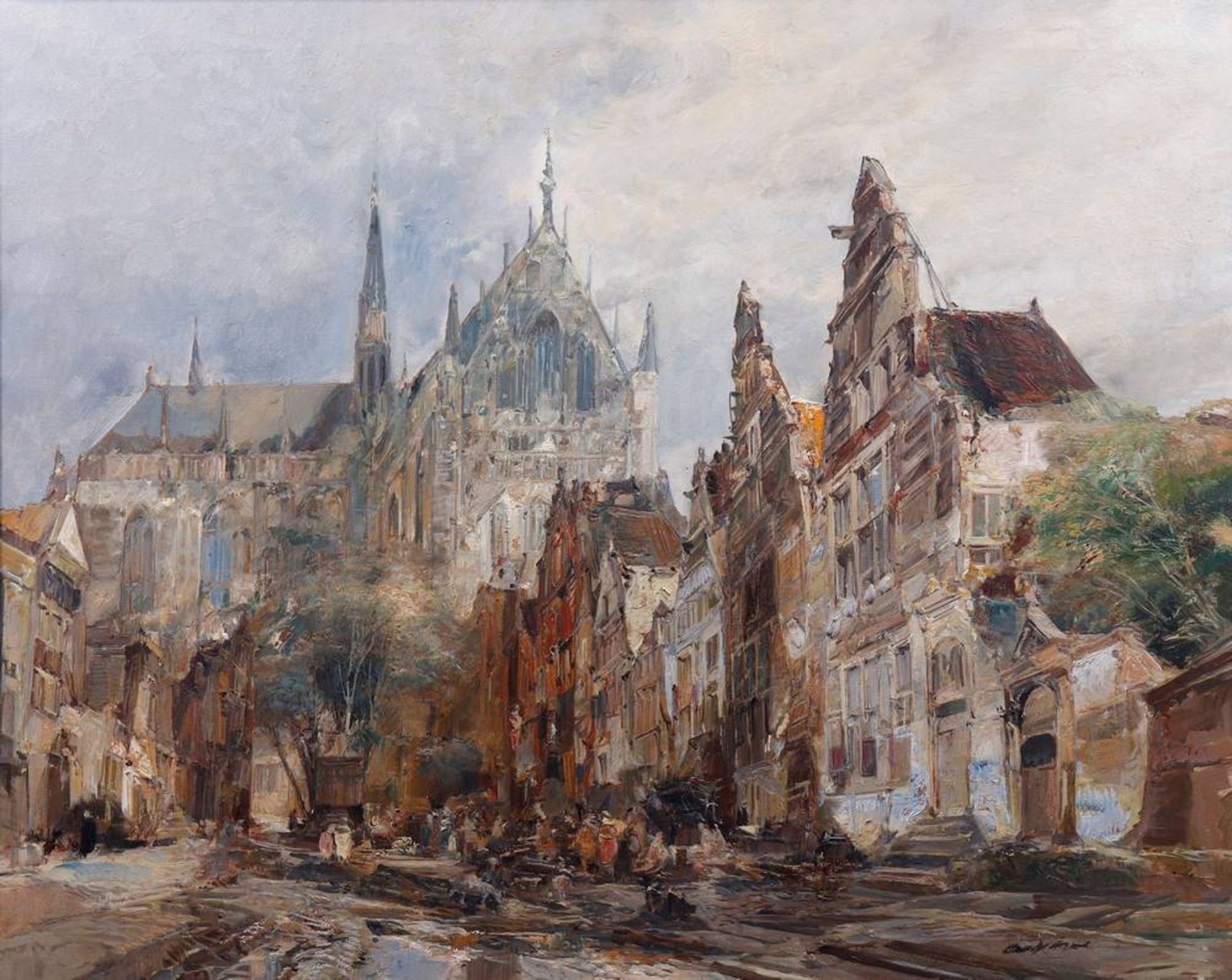 Market square in front of the backdrop of (Dutch?) gabled houses and a large cathedral - Image 2 of 4