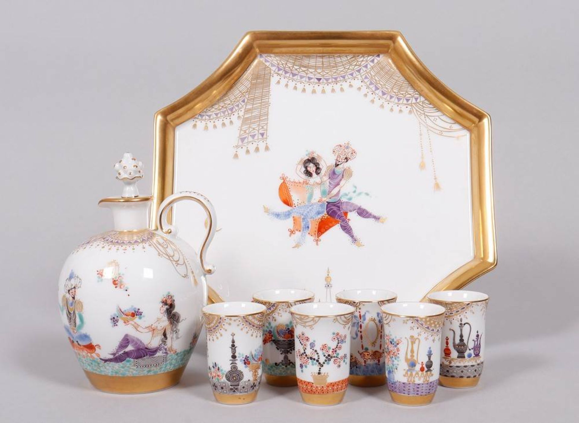 Liqueur set on tray for 6 persons, Meissen, form design Paul Scheurich (1883, New York City - 1945,