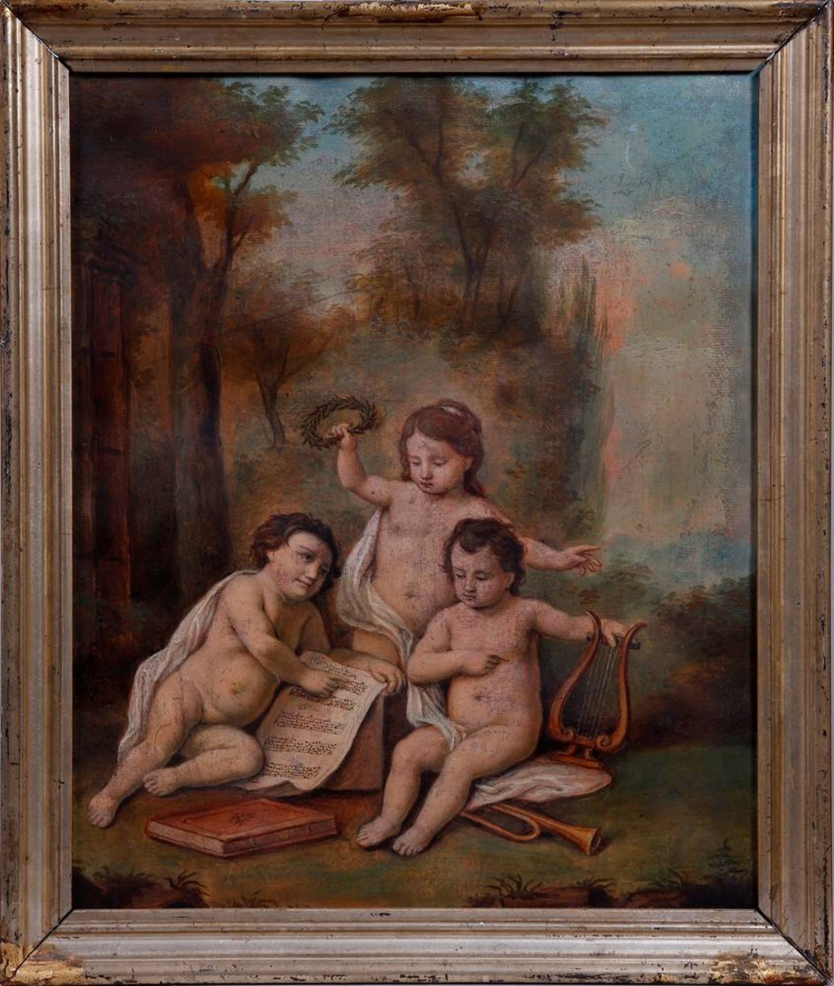 Allegorical representation of music with three putti in an Arcadian landscape