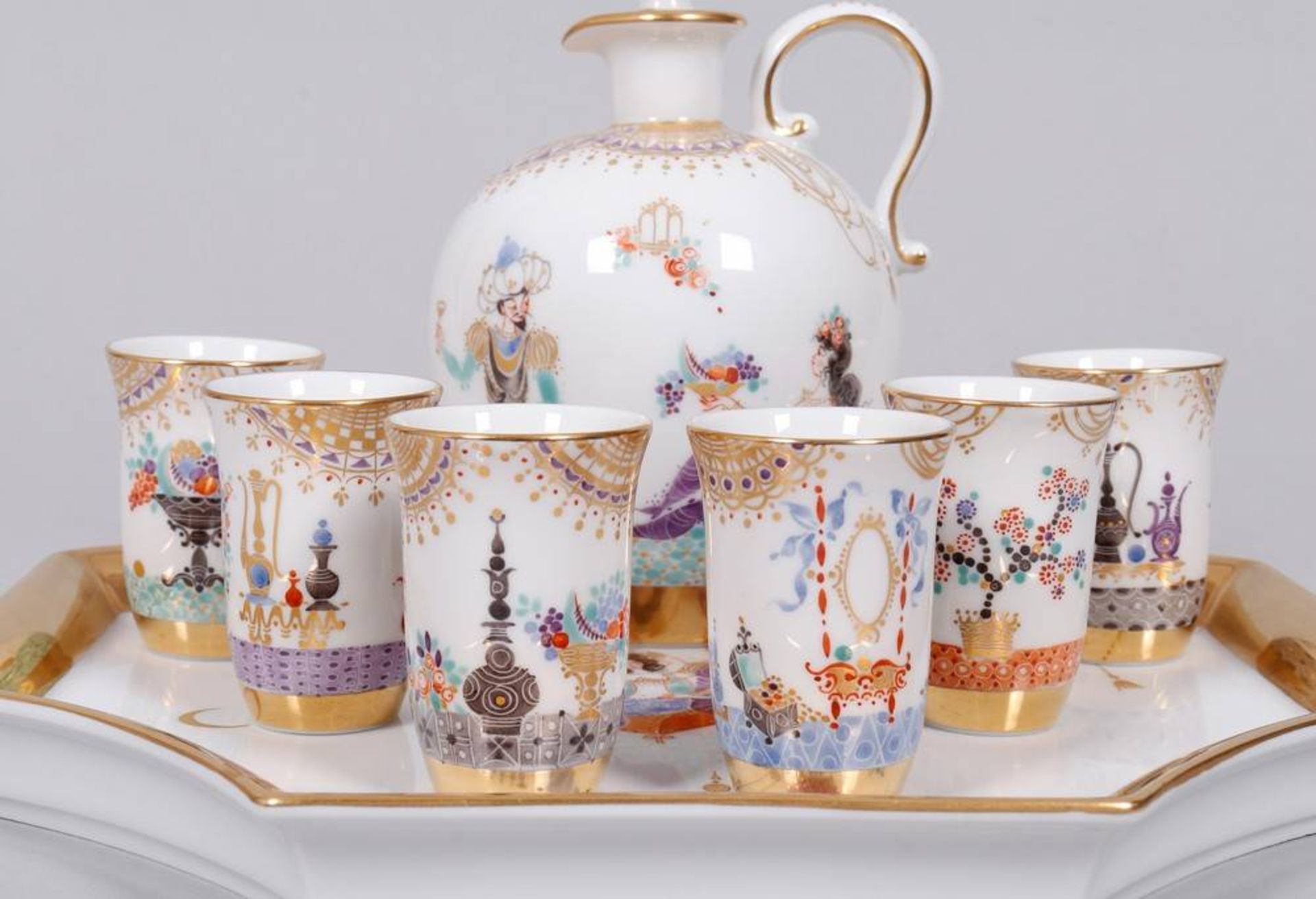 Liqueur set on tray for 6 persons, Meissen, form design Paul Scheurich (1883, New York City - 1945, - Image 3 of 18