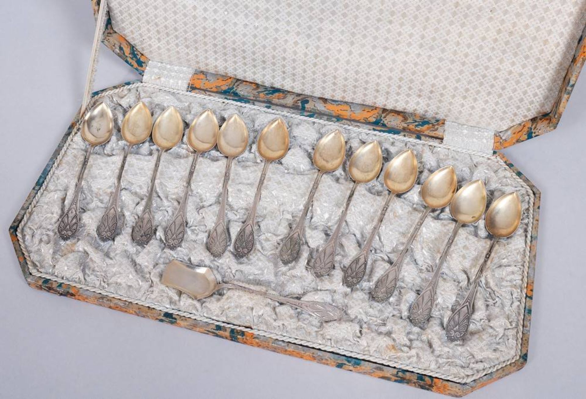 Set of grapefruit spoons in box, silver, France, c. 1900