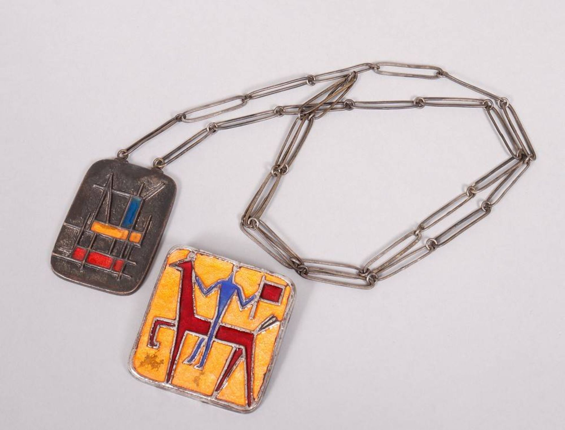 Brooch and chain with pendant, silver-plated/colored enamel, c. 1960