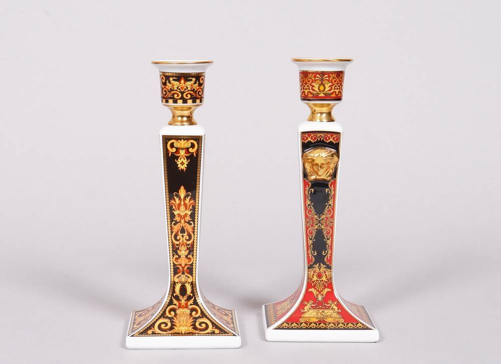 Two candlesticks, Rosenthal meets Versace, form "Mythos" by Paul Wunderlich, decors "Barocco" and "