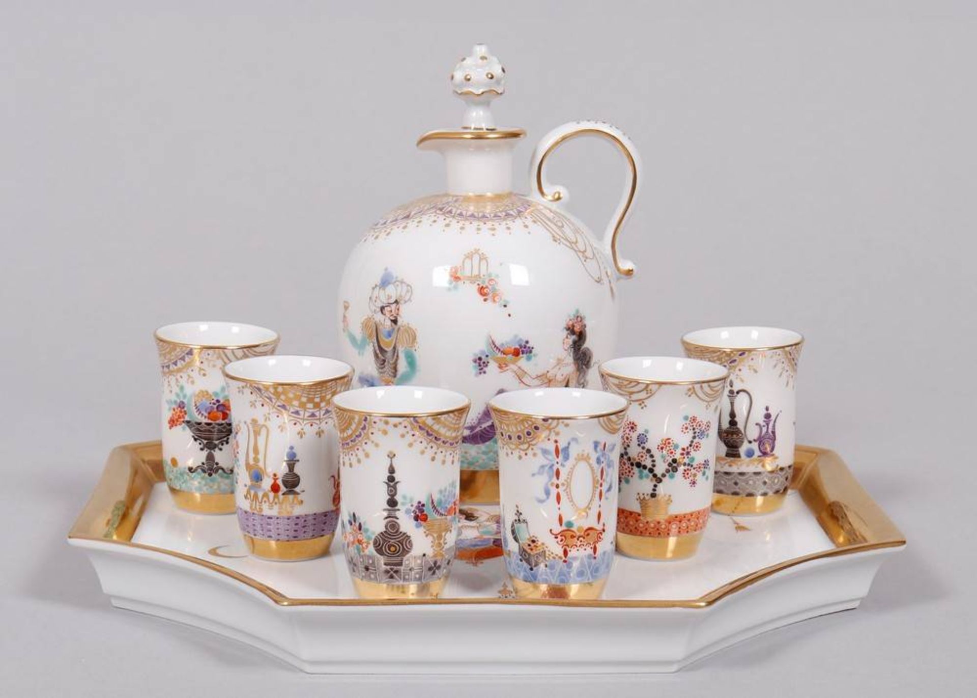 Liqueur set on tray for 6 persons, Meissen, form design Paul Scheurich (1883, New York City - 1945, - Image 2 of 18