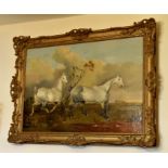 A oil on canvas depicting 2 horses in a landscape. Gilded frame.