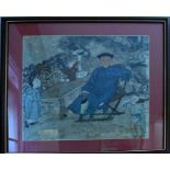 A framed and glazed watercolour of a seated Chinese man and two children in a garden setting.