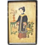 A group of Oriental items consisting of a carved and gilded wooden panel and 2 painted and framed