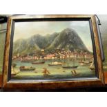 A framed oil on board of an Oriental harbour scene.
