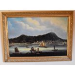 A framed oil on board of a Chinese harbour scene plus a framed and glazed map of Southern India.