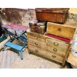 An early 20th century pine chest of drawers;; Workmate; other wooden/metal boxes (5)