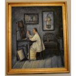 A framed oil on canvas of a Chinese artist in his studio.