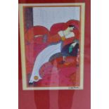 A framed and glazed print of an Art Deco lady seated. Indistincly signed.