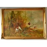 A oil on canvas painting depicting a gun dog and partridgesin a wooded landscape signed lr Leiford.