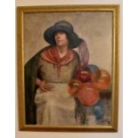 A oil on canvas depicting a lady balloon seller by Louise Jacobs.
