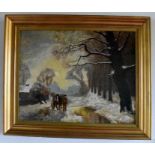 A oil on canvas depicting a man and a cart in a winter landscape signed lr.