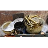 A quantity of brassware to include Salters postal parcel balance, jardinieres, candle sticks.