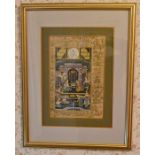 A framed and glazed Mughal print of people in a courtyard plus a print of a sampler.