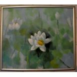 3 framed oil paintings in the French Impressionist style, 2 of water lilies and a beach scene.