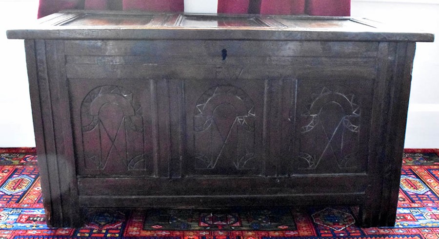 A Charles II late 17th century oak blanket chest, circa 1680, three moulded panel lid enclosing