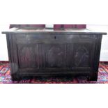 A Charles II late 17th century oak blanket chest, circa 1680, three moulded panel lid enclosing
