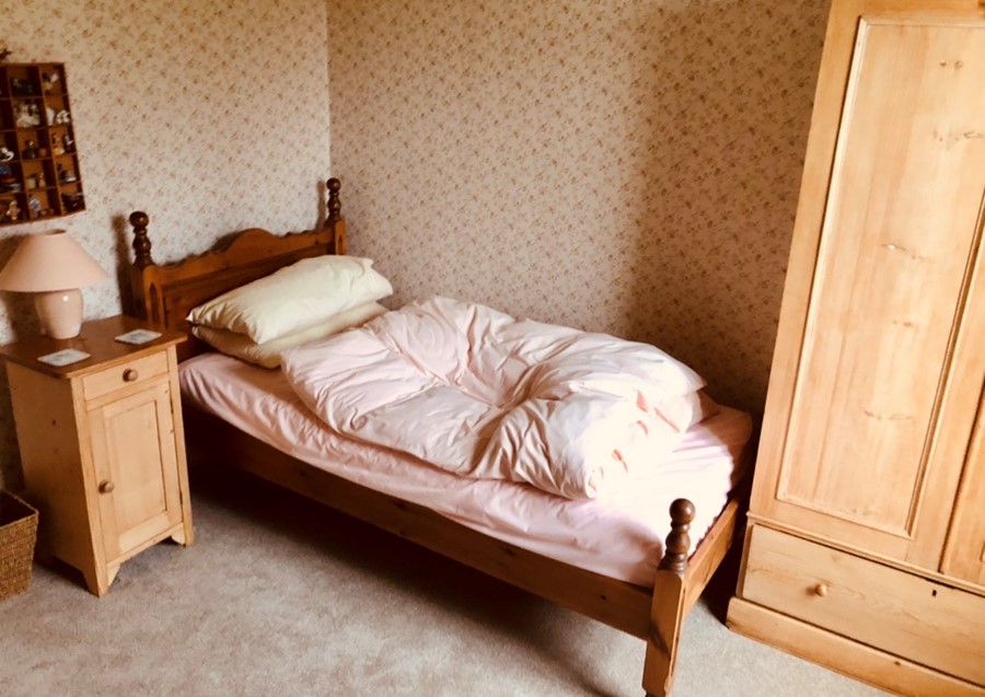 A 20th Century pine single bedroom suite, single bed, bedside cabinet and wardrobes. (3)