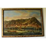 A framed oil on canvas of an Oriental harbour scene.