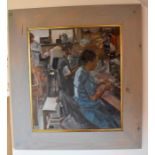 A framed oil on canvas painting of Indian ladies in a working environment.