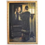 A framed oil on canvas painting of a Chinese lady looking into a mirror. Signed lr.