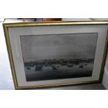 A framed and glazed watercolour depicting a Chinese waterfront scene.