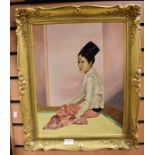 A late 20th Century oil on board of a seated lady in a gilt frame, signed l l W. Aldous, 45 x 35 cm