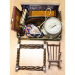 A collection of wooden items including lamps, jars, trays, pictures