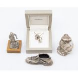 A collector's lot to include: 800 standard silver pin cushion holder cast as a shoe; a white metal