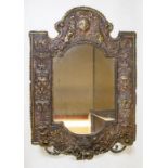 An Italian style brass girandole mirror, shaped pediment repousse central medallion with classical