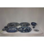 Four blue and white meat plates, including a 19th Century Spode meat plate, a large bowl, tea
