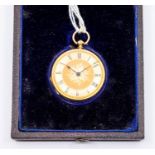 An 18ct gold open faced pocket watch, gold tone dial black Roman numerals and black hands, foliate