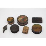 A collection of treen to include: A 19th Century Stowbasser style papier mache circular box, the