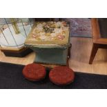 A Victorian wool work upholstered ottoman with later seat covering, plus two mid Victorian foot