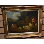 19th Century School Shepherd with sheep and cattle in mountain scape oil on board Provenance: from
