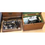 Two Singer sewing machines, one in wooden box