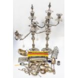 A pair of 19th Century three light candelabra, detachable arms with flame terminal stoppers, the