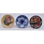 Moorcroft Pottery: 3 Moorcroft coasters to include 'Tulip' pattern, Trial Florian 'Blue Flower'
