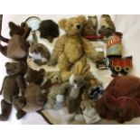 Soft toys, assorted animals, bears, hedgehog, elephant, dolls, Steiff Rabbit etc. Provenance: from