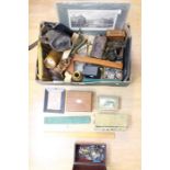 A collection of boxes and treen items along with pictures, brass boxes 18th Century, small brass