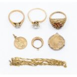 Three 9ct gold gem-set rings, a 9ct gold chain, two 9ct gold pendants, total gross weight 15gms, and