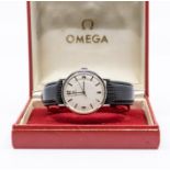 An Omega 1950/60's stainless steel wristwatch, with leather strap and box