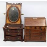 Three apprentice pieces of furniture including a mahogany bureau, mahogany serpentine drawers,